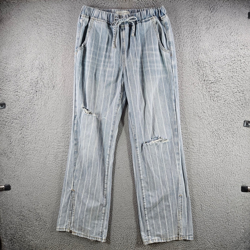 One‎ Teaspoon Womens Pinstripe Distressed Drawstring Denim Pants Blue Size S